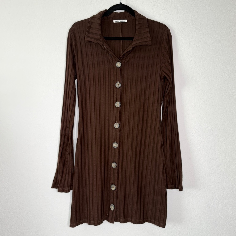 Reformation Benton Ribbed Knit Long Sleeve Button Front Dress Brown Size L